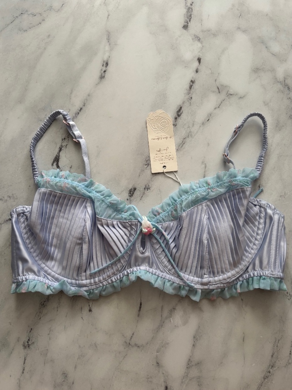 For Love & Lemons Bra Nwt Blue Satin Pleated Ellery Underwire Floral 36C